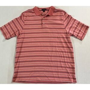 Lands' End Polo Shirt Pink W/Navy & White Stripes Mens SZ Large Classic Preppy